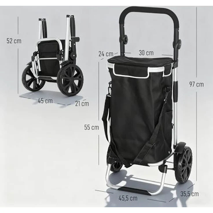 HOMCOM 3-in-1 Einkaufstrolley, klappbar mit 40L Kapazität, bis 25kg belastbar, mit Kühlfach, Treppensteiger, schwarz – Bild 3