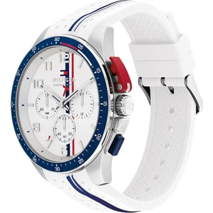 Tommy Hilfiger Chronograph Herren Quarz Uhr mit blauem Aluminium-Lünettenring, rotem Drückerschutz und weißem Silikonarmband, wasserfest bis 5 ATM – Bild 2