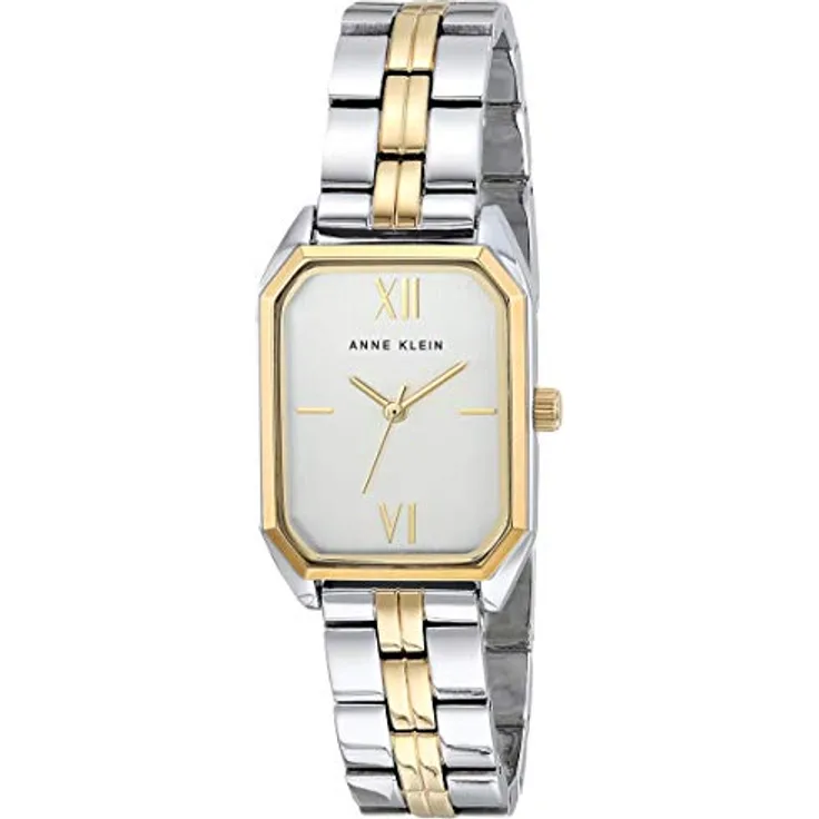 Anne Klein Armbanduhr für Frauen, Silberfarbenes Zifferblatt mit goldfarbenen Zeigern, Zweifarbiges Gliederarmband, Wasserdicht bis 30M