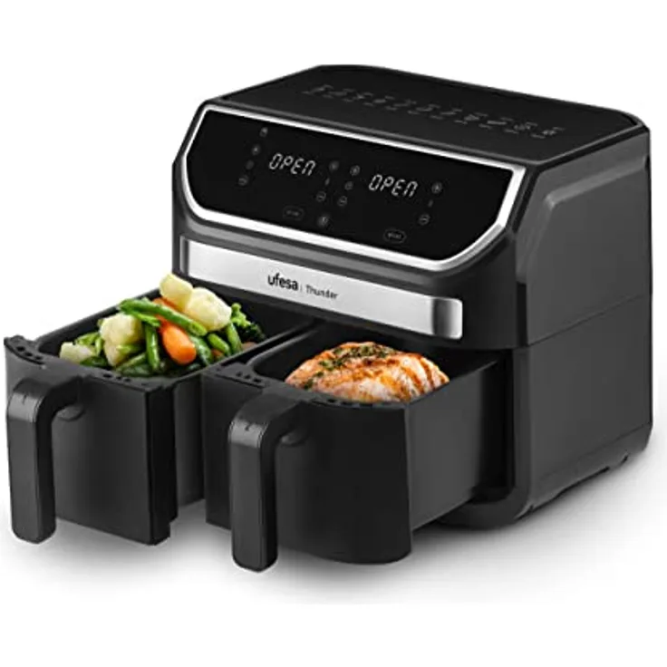 Ufesa Thunder Heißluftfritteuse Doppelkammer Dual Zone, 11 Programme, 9 Liter, 2 große Frittierfächer, 2 unabhängige Garzonen, 1700W, digitale Steuerung, Antihaftbeschichtung