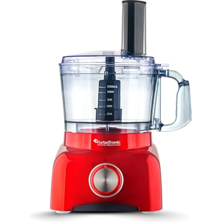 TurboTronic FP800 Küchenmaschine, 800 W mit 1,2 L BPA-freiem Behälter, Zerkleinerer, Zitruspresse, Mixer, multifunktional, schwarz-rot, 13-teiliges Zubehörset – Bild 2