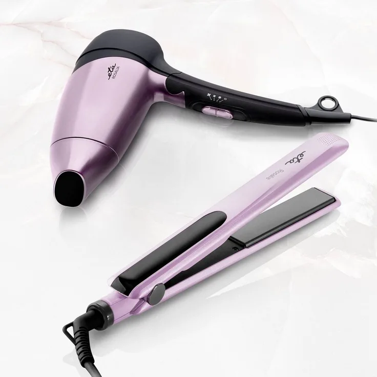 eta Glätteisen ROSALIA ETA433790000, Keramik-Turmalin-Beschichtung, 220°C, Haarset mit lila Reisehaartrockner 1200 W und 3 Temperaturstufen