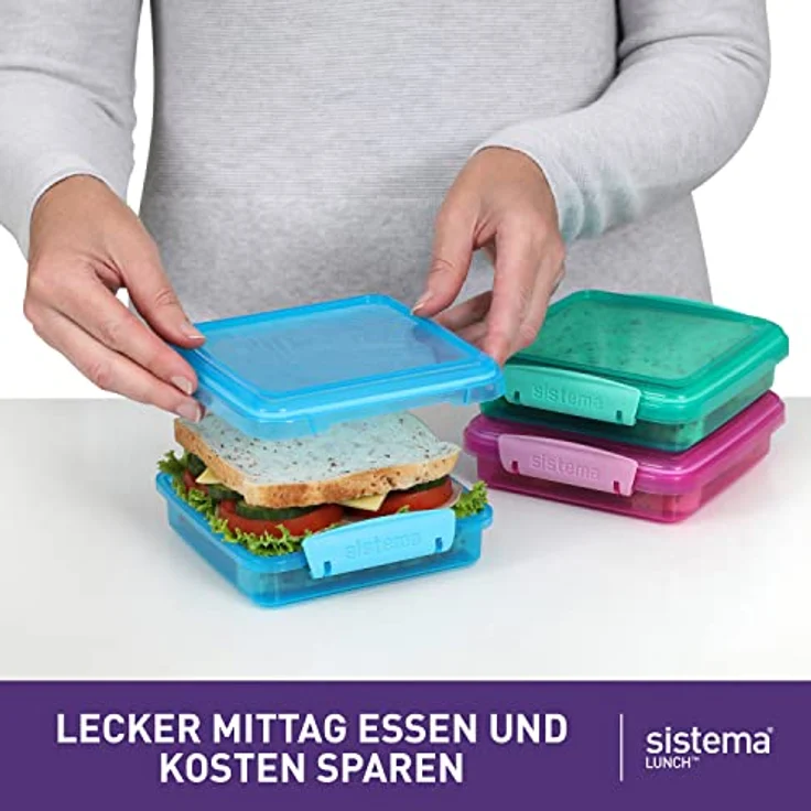 Sistema 41647 Lunch Sandwich Box mit kontrastierendem Clips, 450 ml, 3 Stück , farblich sortiert – Bild 5