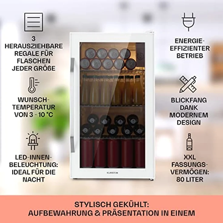 Klarstein Beersafe XXL Quartz Getränkekühlschrank, freistehend, weiß, 3 Böden, doppelt isolierte Panoramaglastür, Energieklasse E - Preisvergleich – Bild 3