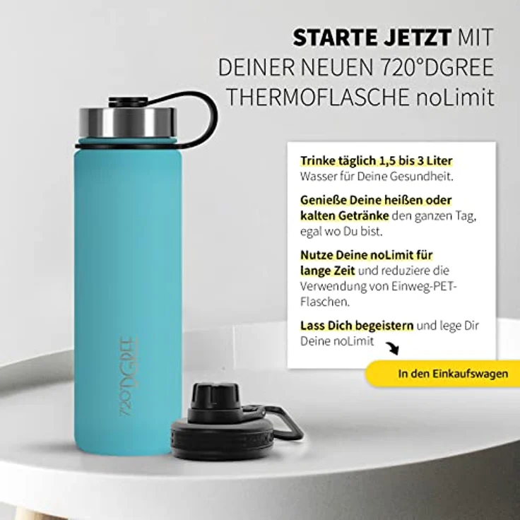 720 DGREE Trinkflasche Edelstahl 530ml Thermo mit gratis Sportdeckel noLimit crystal turquoise – Bild 6