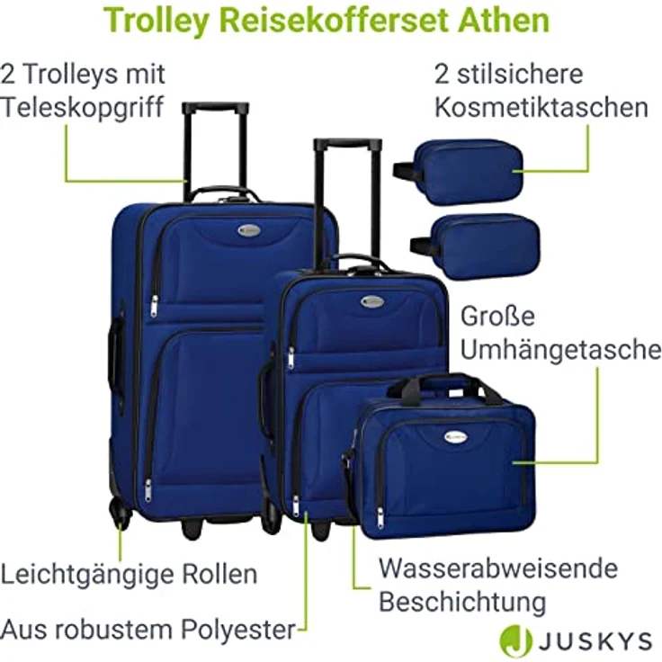 Juskys Trolley Reisekoffer Set 5 teilig - 60 Liter, 2 Rollen, Weichschale, wasserabweisend Stoff, leicht, Handgepäck - Koffer in Blau – Bild 3