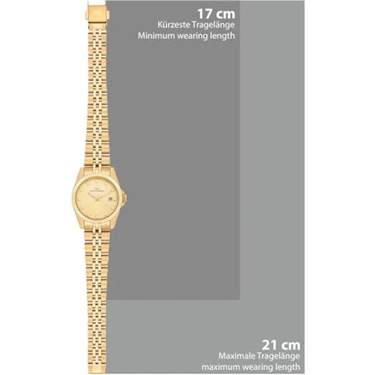 Rhodenwald & Söhne Damen Quarzuhr, IP-vergoldetes Edelstahl-Gehäuse, 27,5 mm, mit Datumsanzeige und Kristallen, gelbgold, 5 ATM wasserdicht, Gliederarmband 21 cm – Bild 2