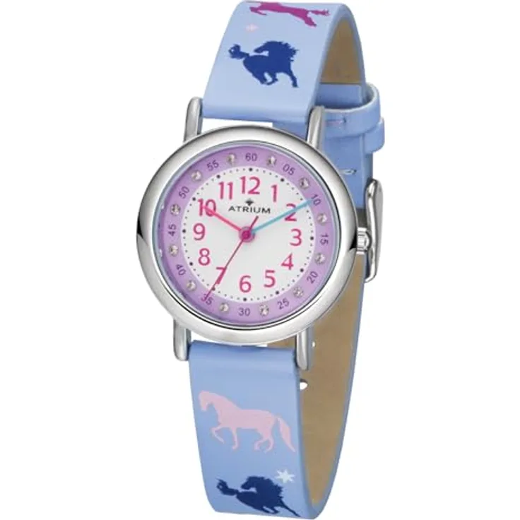 Atrium Kinder Armbanduhr Mädchen Analog Quarz extra deutlich mit Kunstlederband Pferde Flieder Lila A47-12, Glitzersteine, 29mm, vegan