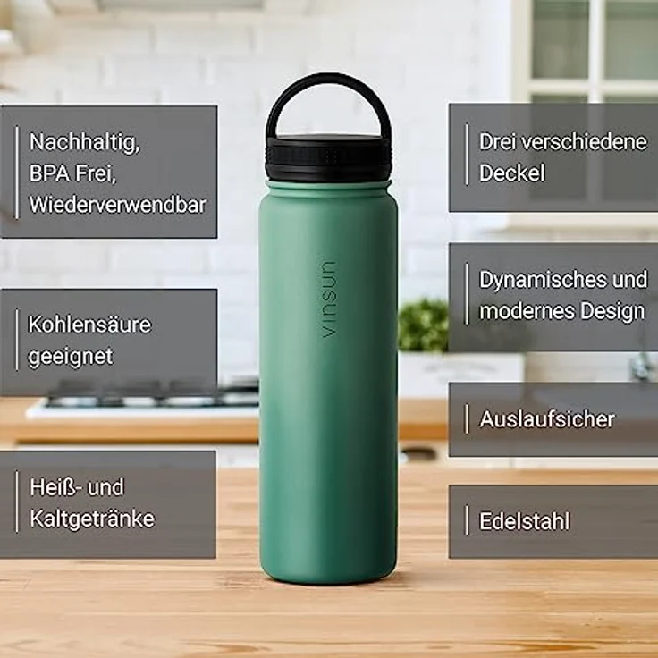 Vinsun Thermosflasche 500ml grün - auslaufsicher, Kohlensäure geeignet, BPA frei - 3 Deckel - Edelstahl Trinkflasche Sport, Outdoor, Schule, Uni, Fahrrad, Büro, Camping – Bild 2