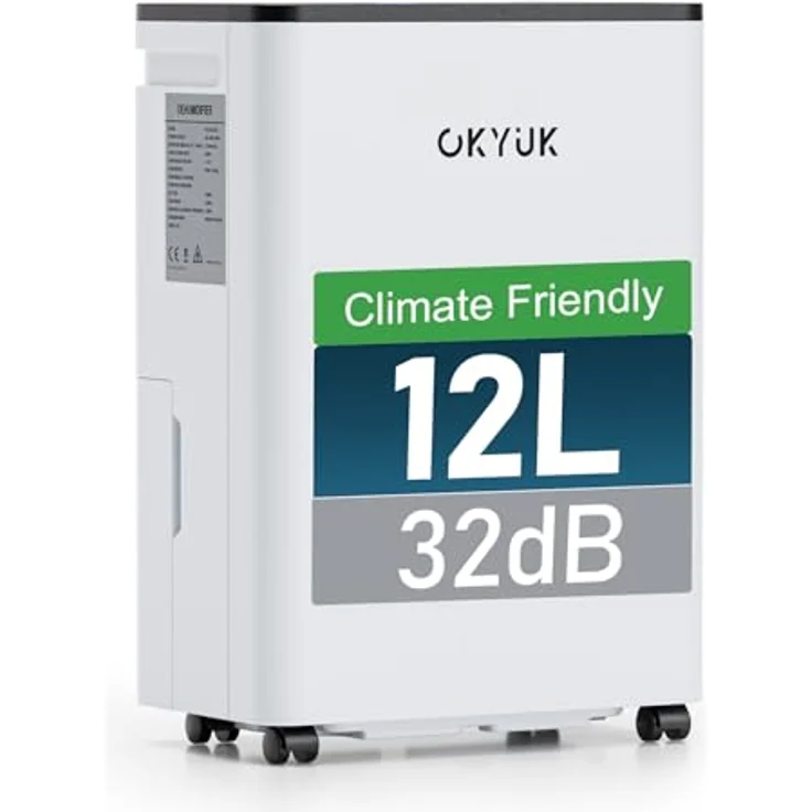 OKYUK Luftentfeuchter 12L, Elektrisch mit Digitaler Luftfeuchtigkeitsanzeige, 32dB Leiser Betrieb, Automatische Abschaltung, für Wohnmobil, Badezimmer, Keller, Weiß – Bild 2
