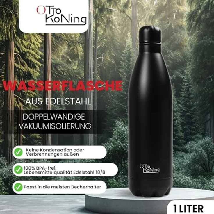 Otto Koning Edelstahl Trinkflasche 1 Liter – Vakuumisolierte, auslaufsichere Sportflasche mit doppelwandiger Isolierung für Büro und Outdoor – BPA-frei, robust – Bild 2