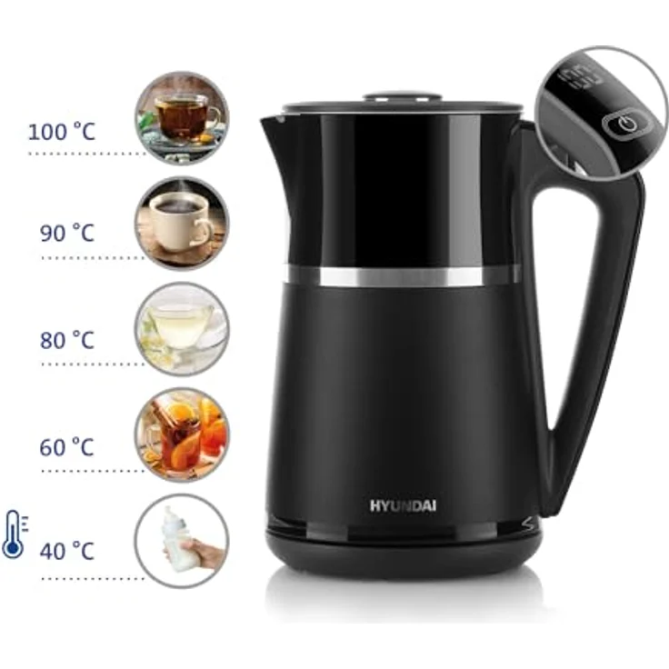 HYUNDAI VK 309 Edelstahl Wasserkocher I Doppelwandiger Wasserkocher I 1.7 Liter I 2200 Watt I 5 Temperaturstufen I LED-Display I KEEP WARM-Funktion I Automatische Abschaltfunktion – Bild 1