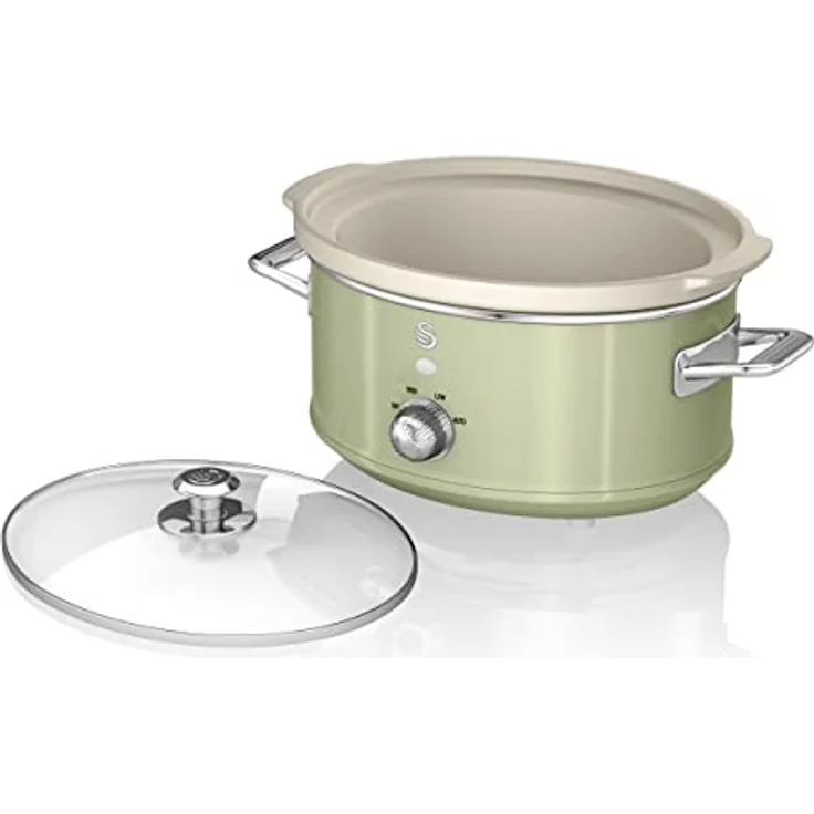 Swan Retro SF17021GNEU Slow Cooker 3,5L Abnehmbarer Kochbehälter, PFOA- und PTFE-freier Keramischer Antihaft-Behälter, 3 Temperaturstufen, Glasdeckel, Vintage-Design, Grün, 200W – Bild 5