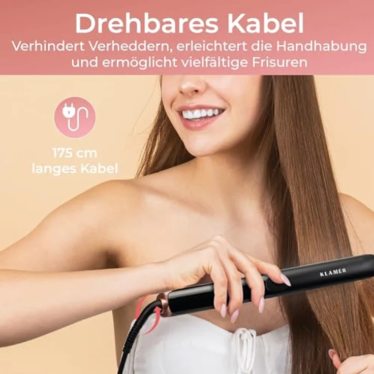 KLAMER Glätteisen 2 in 1, Haarglätter mit Ionen Technologie, Premium Keramik Beschichtung, 20s Schnellaufheizung, LCD-Display, rosé – Bild 5