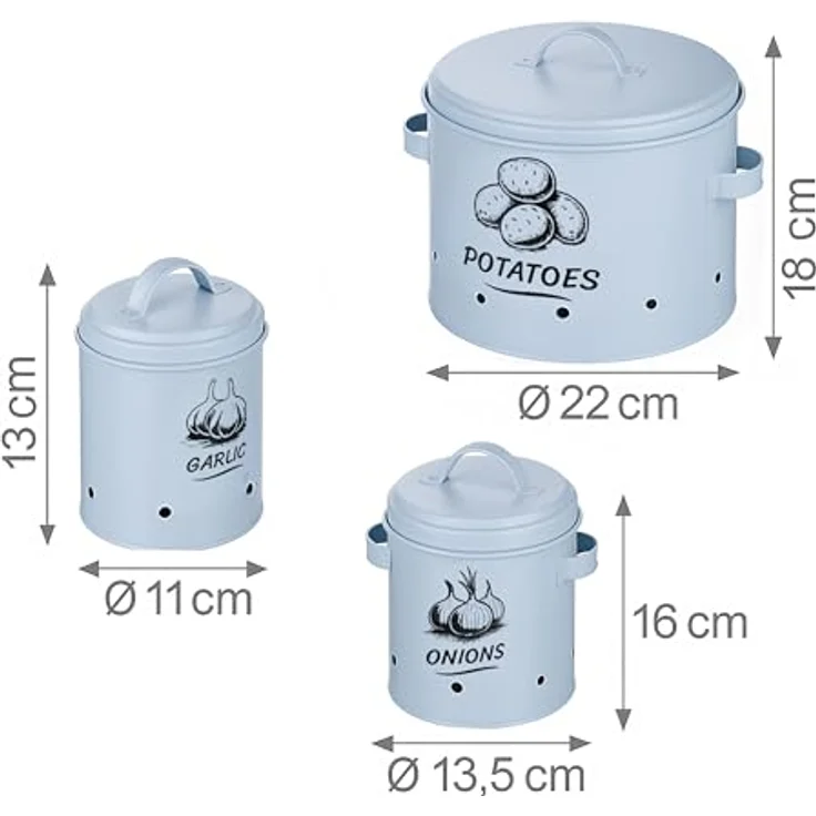 relaxdays Vorratsdose Kartoffel Aufbewahrungsbox 3er Set, Stahl, Hellblau, mit Belüftungslöchern für optimale Lagerung von Kartoffeln, Zwiebeln und Knoblauch – Bild 4