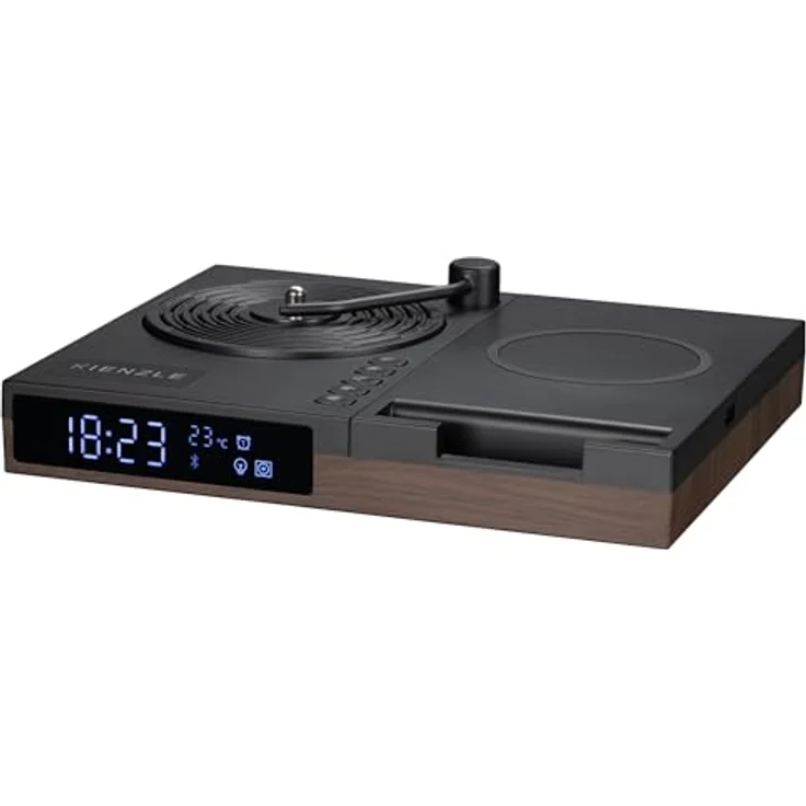 Kienzle Retro Plattenspieler Wecker mit Bluetooth Lautsprecher, kabelloser Ladestation, Temperaturanzeige, 2 Weckzeiten und Ambiente Licht – Bild 3