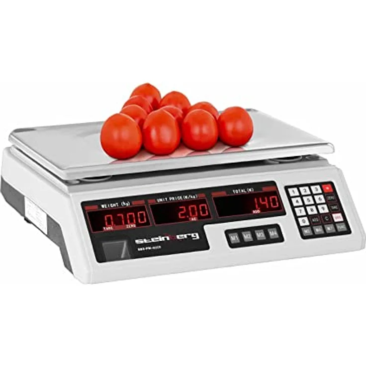 Steinberg Systems SBS-PW-402CR Kontrollwaage Marktwaage 40 kg / 2 g Preiswaage Digitale Waage 7 Speicherplätze Ladenwaage mit Preisanzeige Tischwaage mit LED-Display integrierter Akku – Bild 1