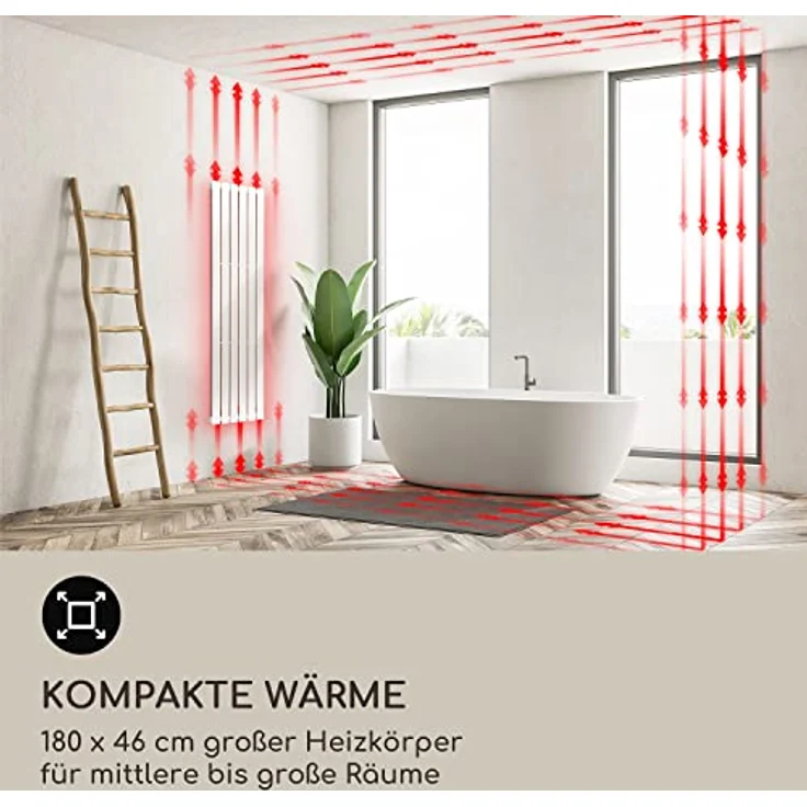 Blumfeldt Badheizkörper, Design Heizkörper Flach, Sparsamer Flachheizkörper Vertikal, Wand-Röhrenheizungen, 485 W Vertikal Heizkörper mit Thermostat, Wandheizkörper für Badezimmer & Wohnzimmer – Bild 5