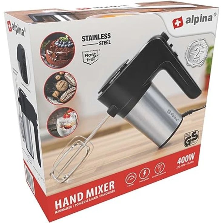 alpina Handmixer 400W, 230V, mit ergonomischem Design, Schwarz/Silber, vielseitige Geschwindigkeitseinstellungen und hochwertige Aufsätze – Bild 9