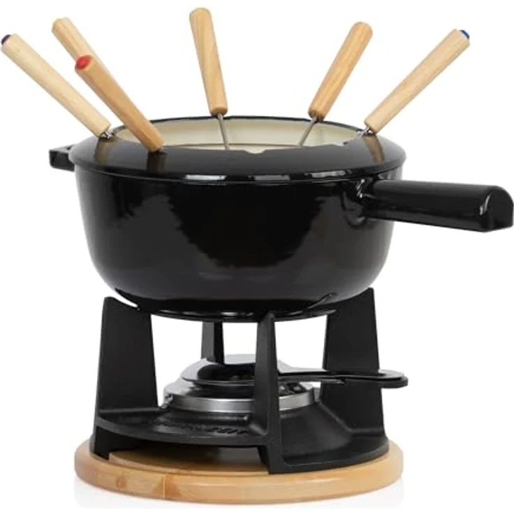 Mahlzeit Gusseisen Fondue Set für 6 Personen | 2 Liter | Fondueset 13 teilig mit Brenner und Gabeln | Fondue-Set, Käsefondue Set, Fleischfondue Set, Schokofondue Set (Schwarz emailliert) – Bild 1