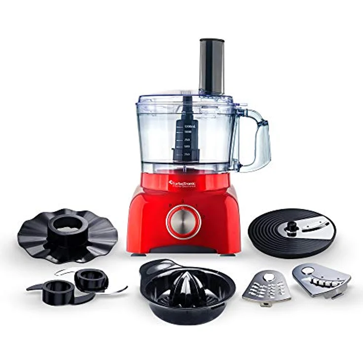 TurboTronic FP800 Küchenmaschine, 800 W mit 1,2 L BPA-freiem Behälter, Zerkleinerer, Zitruspresse, Mixer, multifunktional, schwarz-rot, 13-teiliges Zubehörset – Bild 4