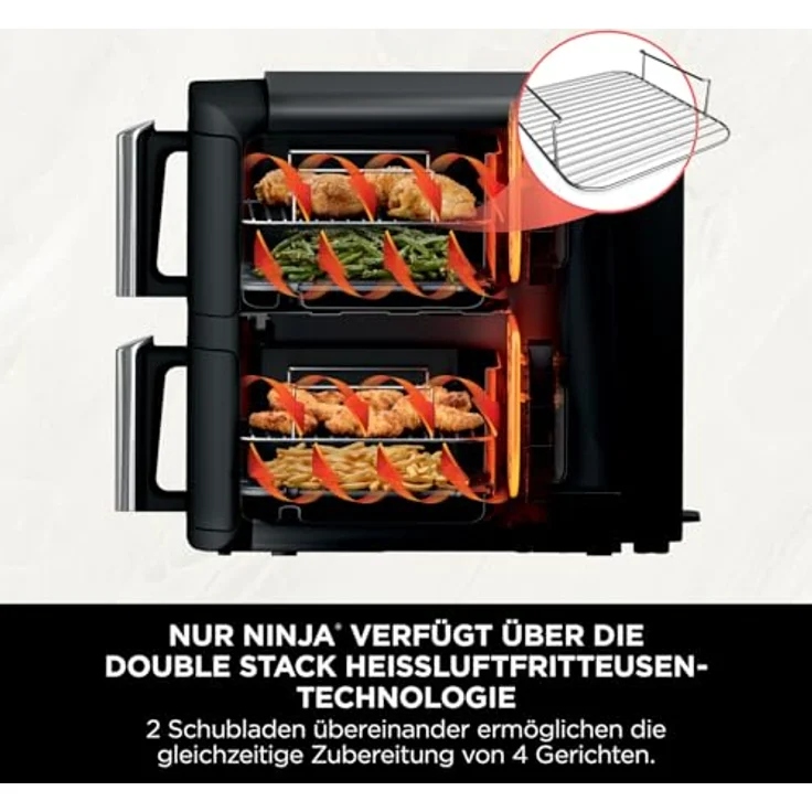 Ninja Double Stack Heißluftfritteuse, 7,6 L Airfryer, Doppelkorb-Heißluftfritteuse mit 4 Kochstufen, 2 Schubladen, 2 Gestelle, platzsparendes Design, 6 Kochfunktionen, 6 Portionen, Schwarz – Bild 2
