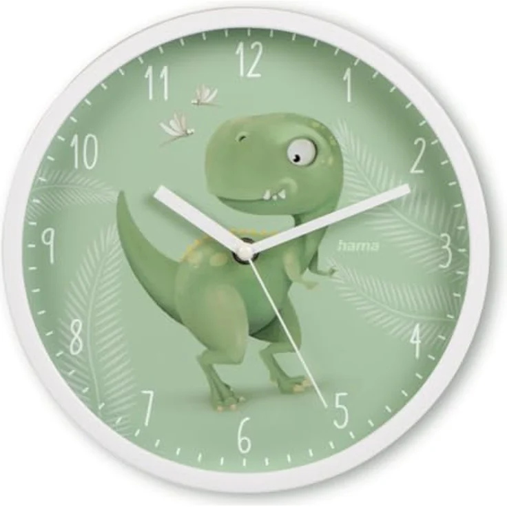 Hama Wanduhr Kinder-Uhr "Cebu", geräuscharm mit Dinosaurier-Motiv, Ø 25 cm, Grün-Weiß – Bild 1