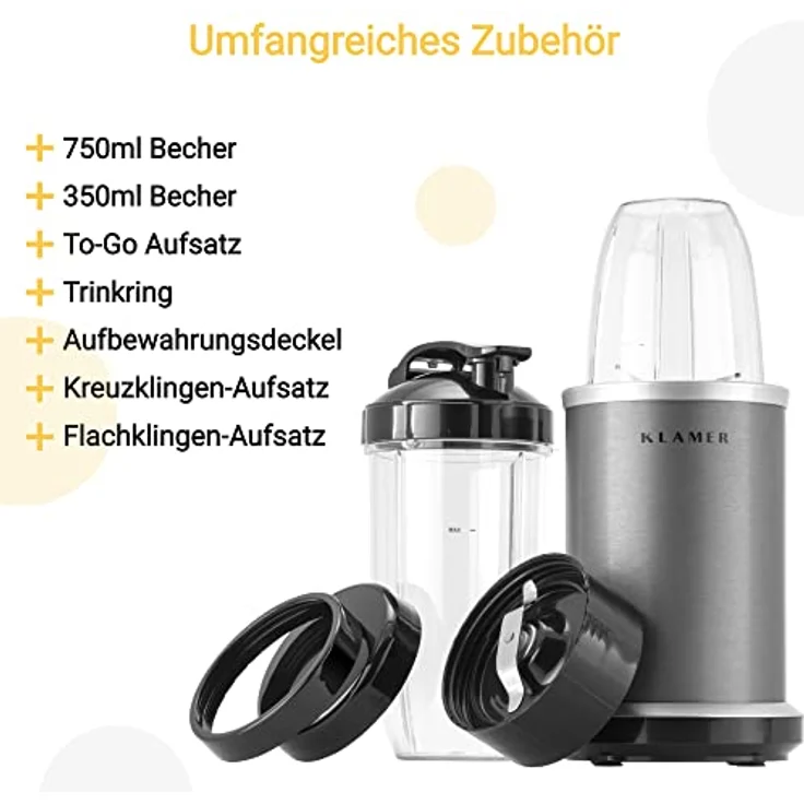 KLAMER Bullet Mixer 1000 Watt, Smoothie Maker, elektrischer Shake Mixer mit 2 Mixbehältern, 2 Klingen-Aufsätze und weiterem Zubehör – Bild 5