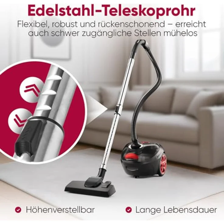 ProfiCare® Bodenstaubsauger PC BS 3141, 700 Watt mit 4-Fach Mikrofiltersystem und umschaltbarer Bodenbürste, inkl. Bürsten-/Fugendüse und Edelstahl-Teleskoprohr – Bild 5