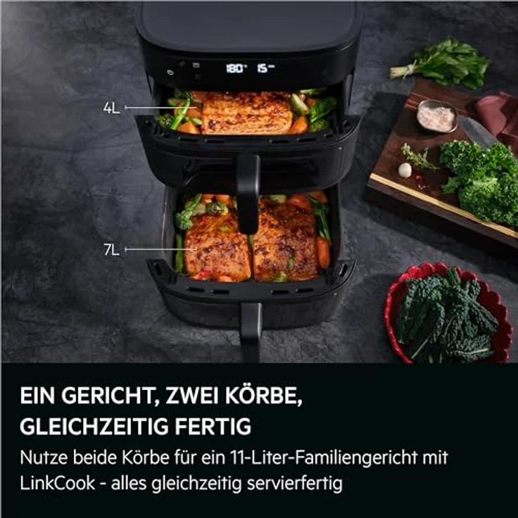 AEG AAFD11B Doppelkorb-Heißluftfritteuse 11 L, 2 Fächer, 8 Automatikprogramme, Sichtfenster, Innenbeleuchtung, spülmaschinenfest, Touch-LED-Display – Bild 2