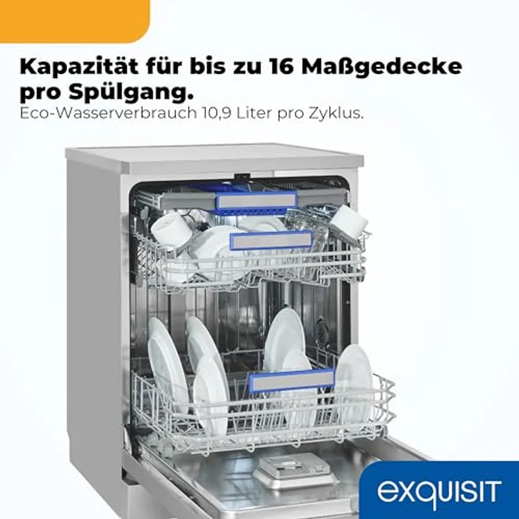 Exquisit GSP9616-450B, Stand-/Unterbau-Geschirrspüler mit 16 Maßgedecken, Energieklasse B, 45 dB, 8 Programme, Besteckschublade, Halbe Beladung, inox – Bild 5