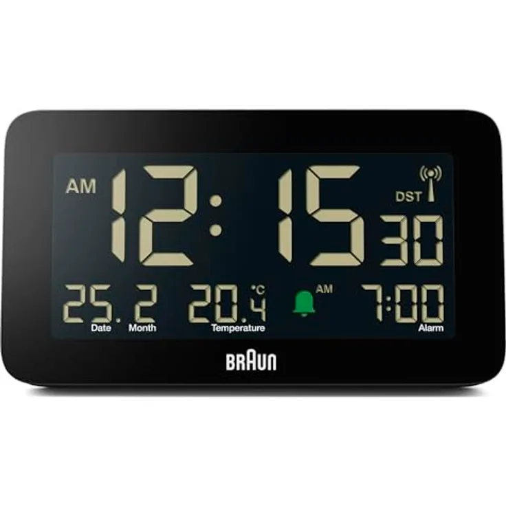 Braun BC10B-DCF Funk-Digitalwecker, DCF-Zeitgesteuert mit Datums-, Monats- und Temperaturanzeige, negatives LCD-Display, schwarz