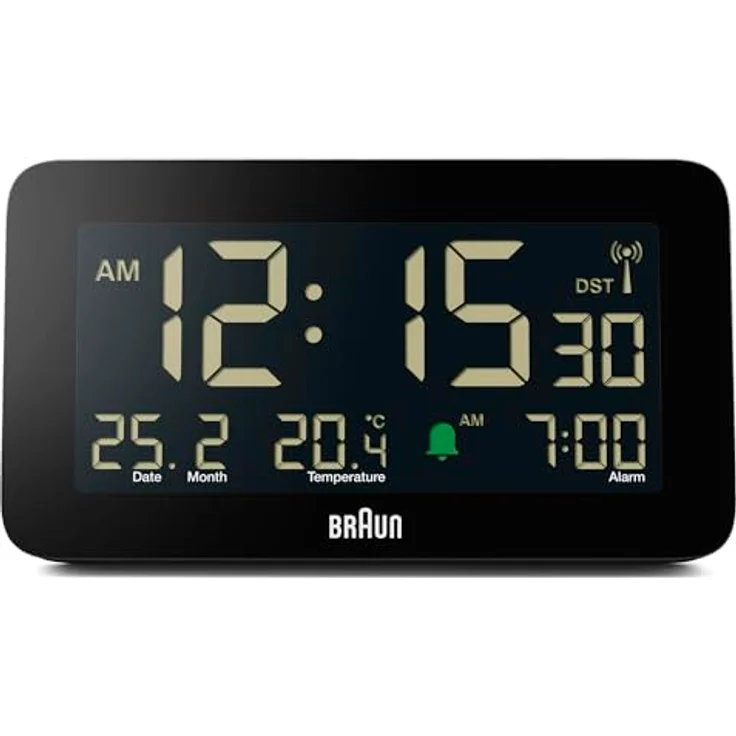 Braun BC10B-DCF Funk-Digitalwecker, DCF-Zeitgesteuert mit Datums-, Monats- und Temperaturanzeige, negatives LCD-Display, schwarz – Bild 1