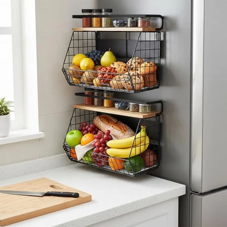 Relaxdays Obstkorb Wandregal 2er Set, magnetischer Küchenorganizer aus Metall, HBT: 30x35,5x21 cm, schwarz/Natur mit 4 Haken für Küchenutensilien – Bild 2