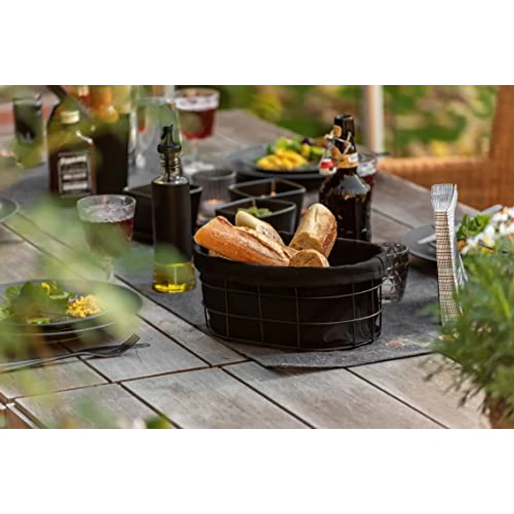 WENKO Brotkorb Bela, Black Outdoor Kitchen Korb für Brot, Brötchen und Baguette aus pulverbeschichtetem Metall mit herausnehmbarer, waschbarer Einlage aus 100 % Baumwolle, 27 x 17 x 11,5 cm, Schwarz – Bild 5