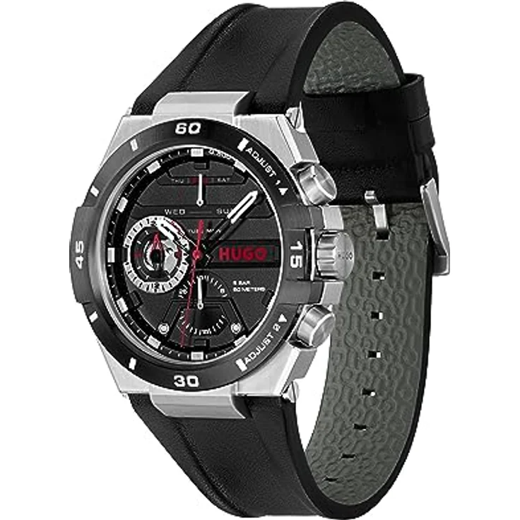 HUGO Multi Zifferblatt Quarz Uhr Herren #WILD, schwarzes Lederarmband, wasserdicht bis 5 bar, 46 mm Gehäusedurchmesser – Bild 2