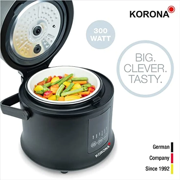Korona 58011 Reiskocher, 300 Watt, 1,6 Liter, Dampfgarer, Warmhaltefunktion, LED Display, Touch, Buttons, Antihaftbeschichtung, Messbecher, schwarz – Bild 3