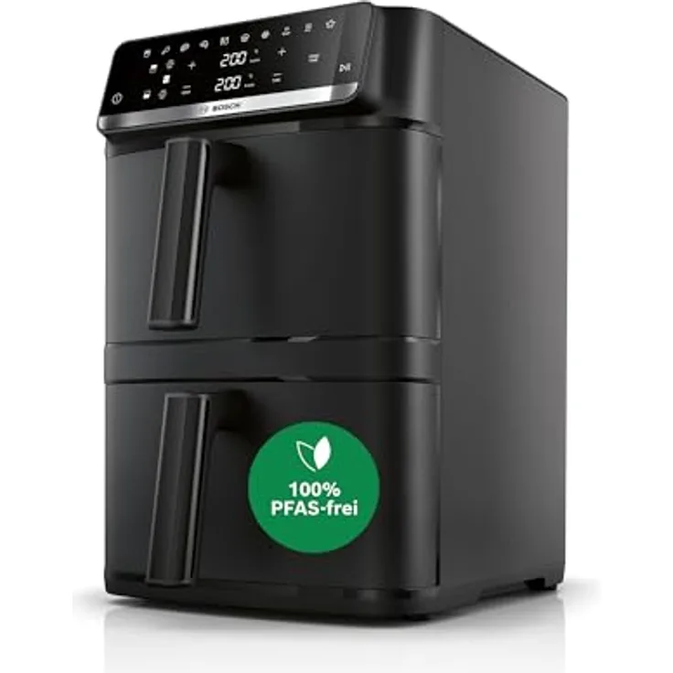 BOSCH Heißluftfritteuse Serie 6 MAFD661B0, XXL, 12L, PFAS-frei, Doppelkammer, 2800 W, platzsparend, einfache Reinigung, 6 Programme, schwarz