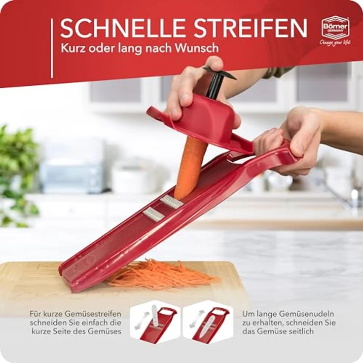 Börner Gemüseschneider Roko PowerLine mit Fruchthalter, Julienneschneider aus BPA-freiem Kunststoff, 1,5mm Schnittgut, mikrofein-geschliffene Edelstahlmesser – Bild 5