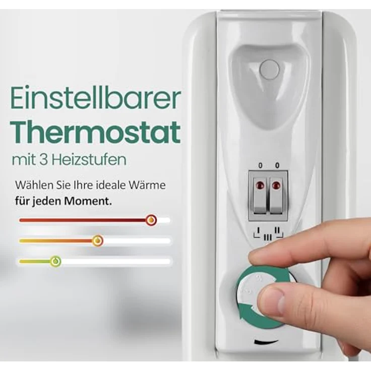 Emerio Ölradiator HO-128421, 9 Rippen, 2000 Watt, geeignet für Räume bis 15 m², einstellbares Thermostat, 3 Heizstufen, mit Kontrollleuchte und Kippschutz, mobil mit Rollen, weiß – Bild 3