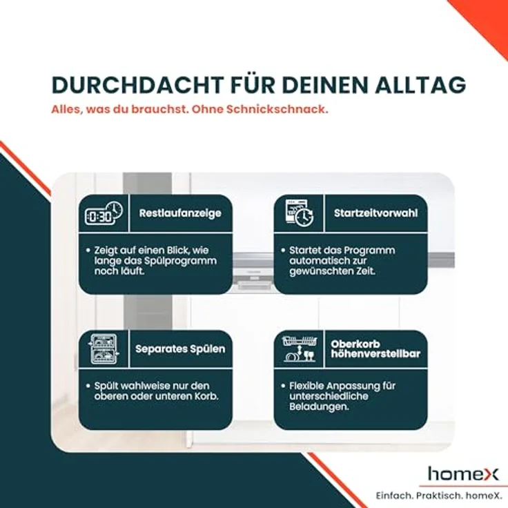 homeX DWSI601444C Geschirrspüler 60 cm, teilintegrierbare Spülmaschine für 14 Maßgedecke, 7 Programme, AquaStop, 44 dB, Edelstahl-Innenraum – Bild 9