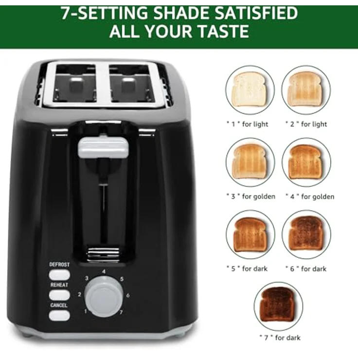 Aigostar Toaster, 750W Sandwichtoaster mit 7 Bräunungsstufen, Auftau- & Aufwärmfunktion, 2 breite Toastschlitze, schwarz – Bild 3