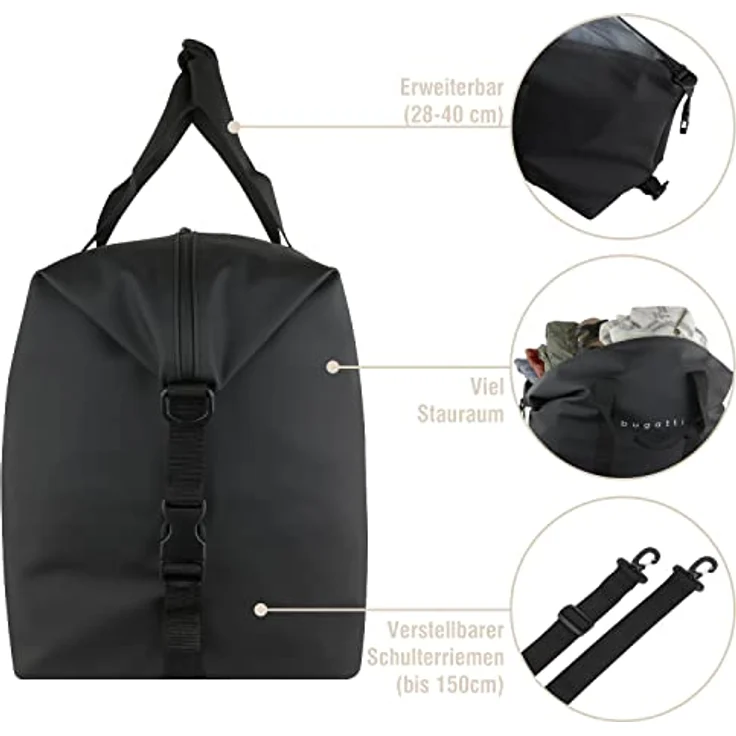 Bugatti Rina Reisetasche für Damen und Herren - Recycelte Sporttasche 35 L wasserabweisend - Trainingstasche, Fitnesstasche für Sport - Tasche für den Urlaub aus recyceltem PU, Schwarz – Bild 4