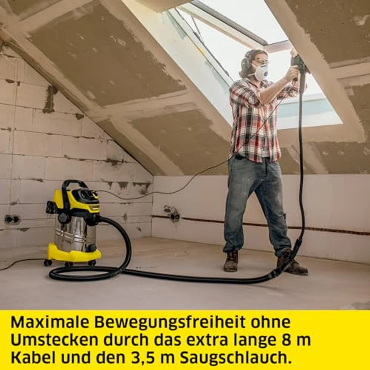 Kärcher WD 6 P S V-30/8/35/T, Nass-/Trockensauger mit 30l Edelstahlbehälter, 1.300 W, 8m Kabel und 3,5m Saugschlauch, inkl. Steckdose und Flachfaltenfilter – Bild 2