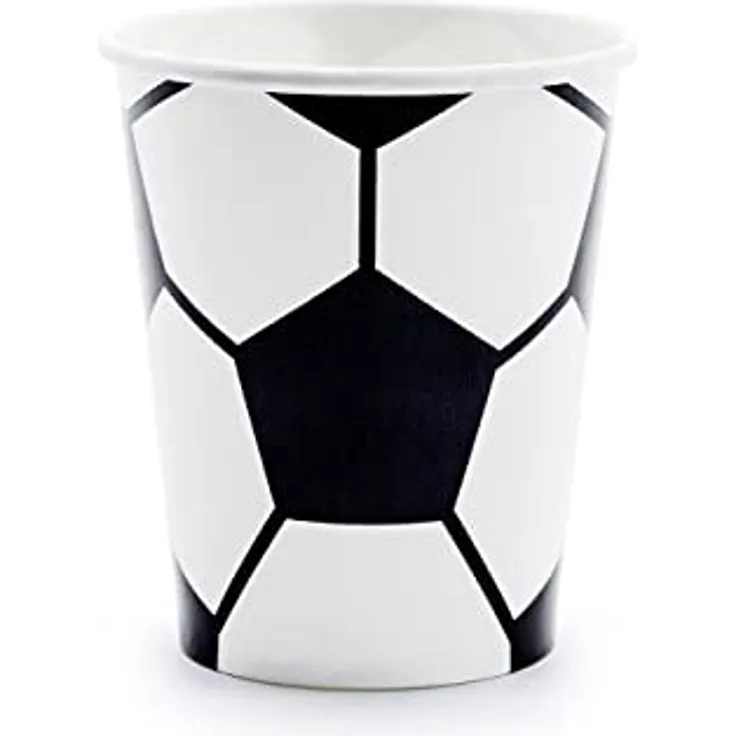 PartyDeco Pappbecher Einweg 6er Set, 220ml, Fußballmuster, schwarz-weiß, kompostierbar, für Kindergeburtstag und Sportpartys