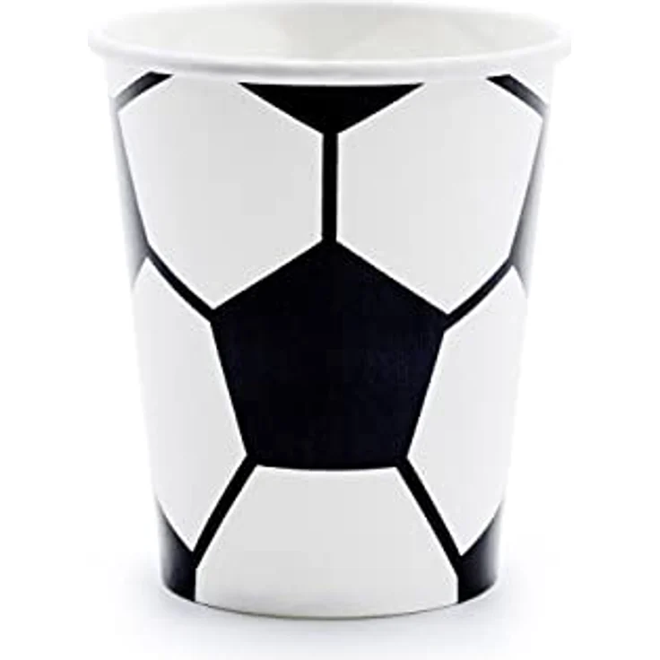 PartyDeco Pappbecher Einweg 6er Set, 220ml, Fußballmuster, schwarz-weiß, kompostierbar, für Kindergeburtstag und Sportpartys – Bild 1