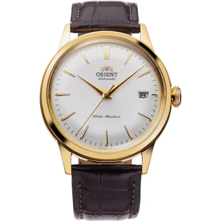Orient Klassische Uhr RA-AC0M01S10B, Herrenuhr mit Edelstahlgehäuse in Gelbgold, 38 mm, schokoladenbraunes Lederarmband – Bild 1