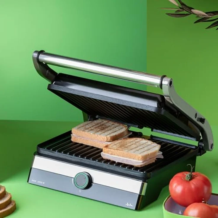 JATA JEGR1596 Elektrogrill mit 2000 W, geriffelten antihaftbeschichteten Platten, 29 x 23,6 cm, neigbarem Deckel und Auffangschale – Bild 3