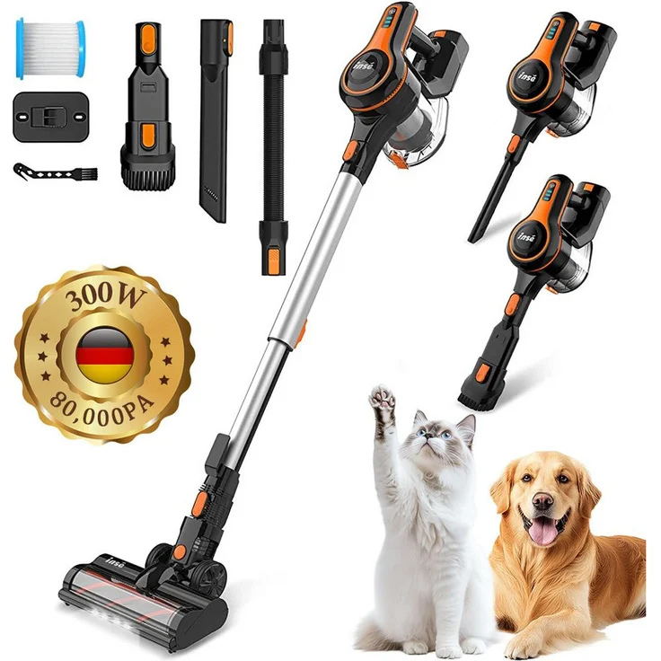 INSE Akku-Hand- und Stielstaubsauger INSE 80000Pa, 300W, 50Min Laufzeit, 1.8L, kabellos, leise 50dB, 5-Stufen-Filter, LED Display, ideal für Böden/Teppiche/Auto