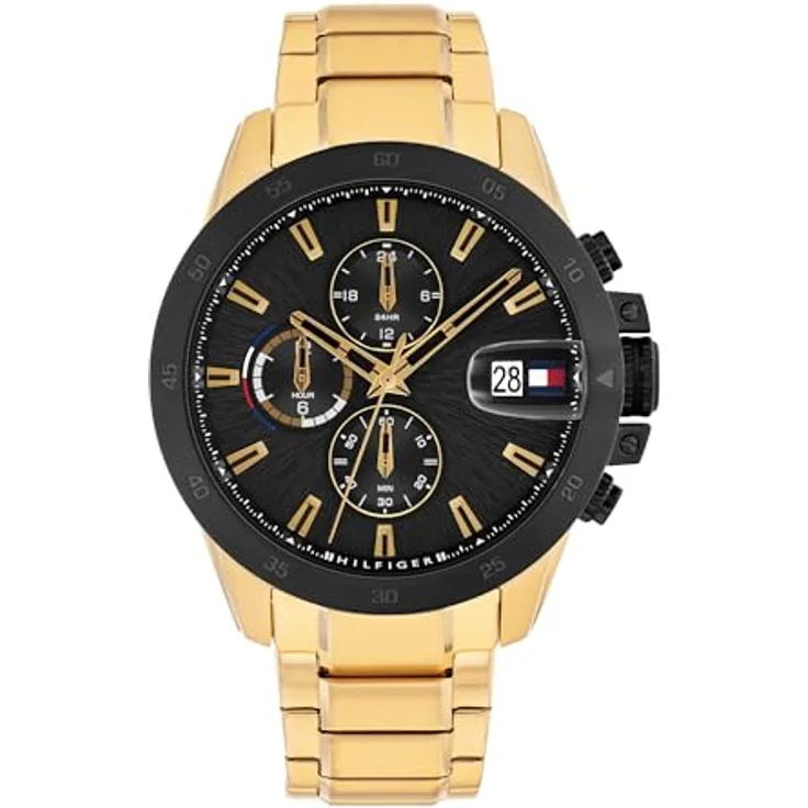 Tommy Hilfiger 1792199, Herren Armbanduhr mit Dual-Time-Funktion, goldfarbenem Edelstahlarmband und schwarzem Zifferblatt, 43mm, 5 ATM wasserdicht – Bild 1